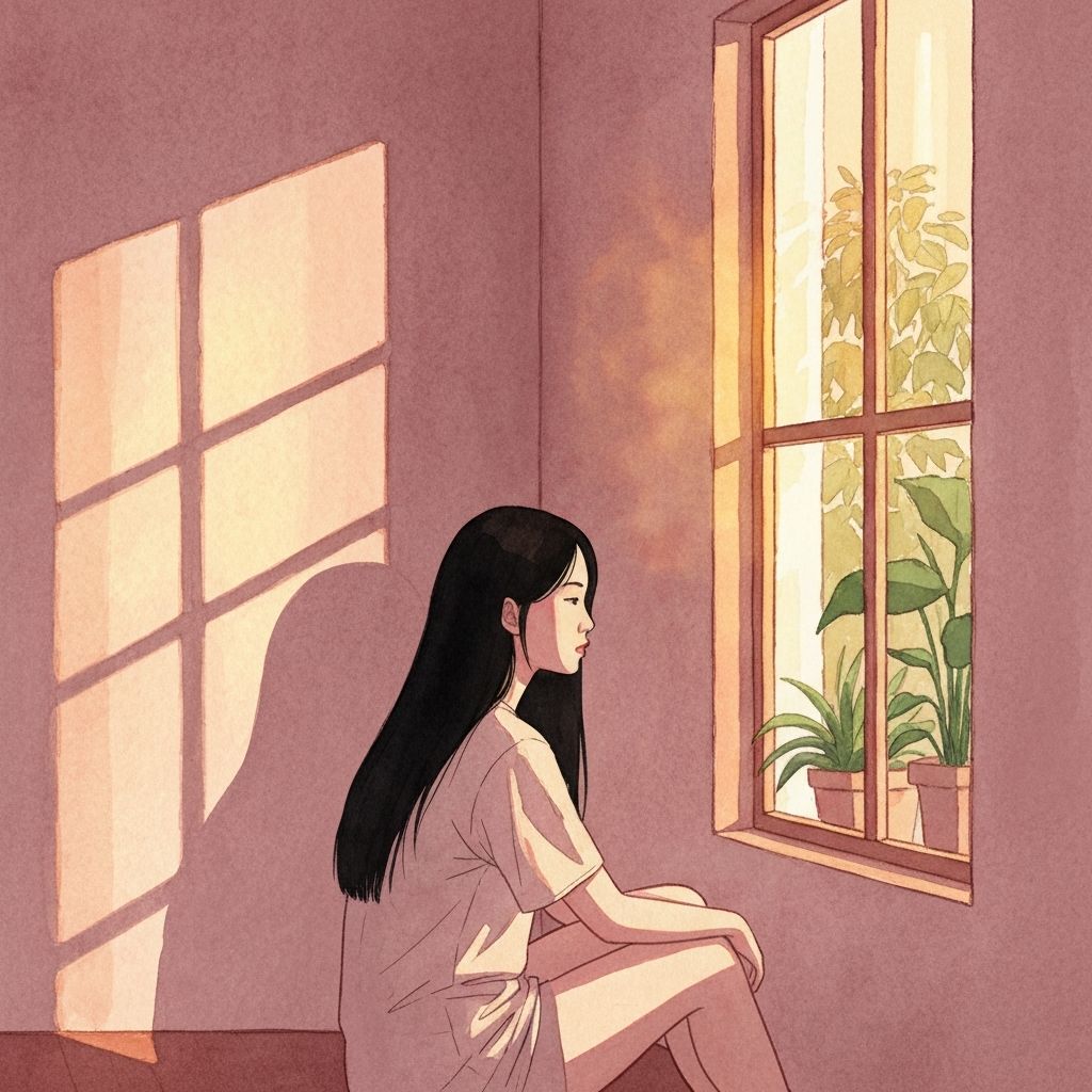 A figure sitting alone near a window with warm light