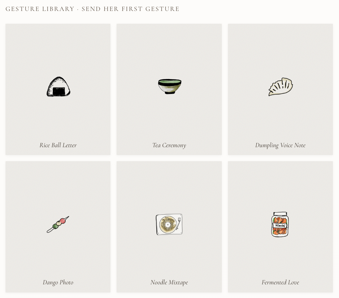 Gesture library showing care offerings like Rice Ball Letter, Tea Ceremony, and Fermented Love